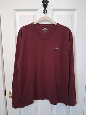 Lacoste Long Sleeve V-Neck Tee in Burgundy with Green Logo